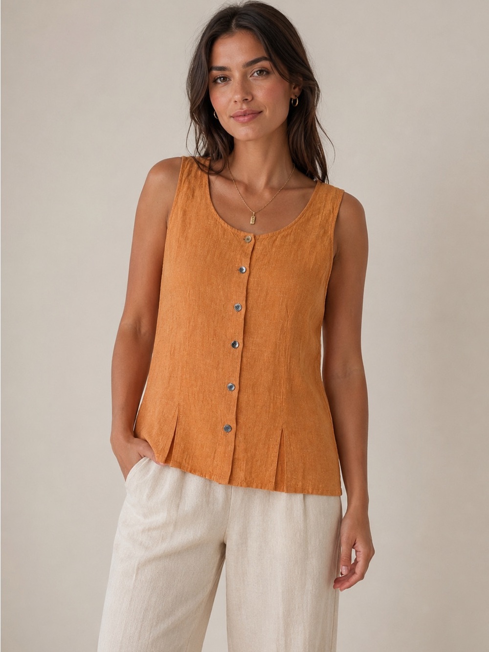 J. Jill Orange Sleeveless Linen Button-Front Top Blouse w/ Pleats Coastal